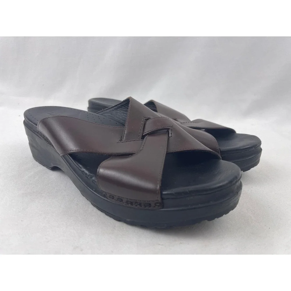 LL Bean Leather‎ Wedge Slide Sandals Womens 8.5 M Brown Cross Strap Comfort